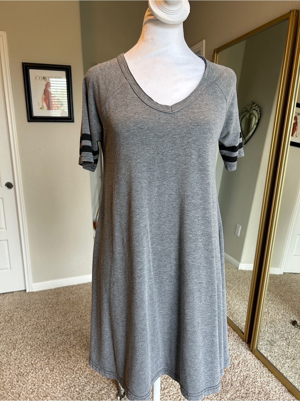Natural Life Gray Mini Swing Dress Black Stripes Size Small